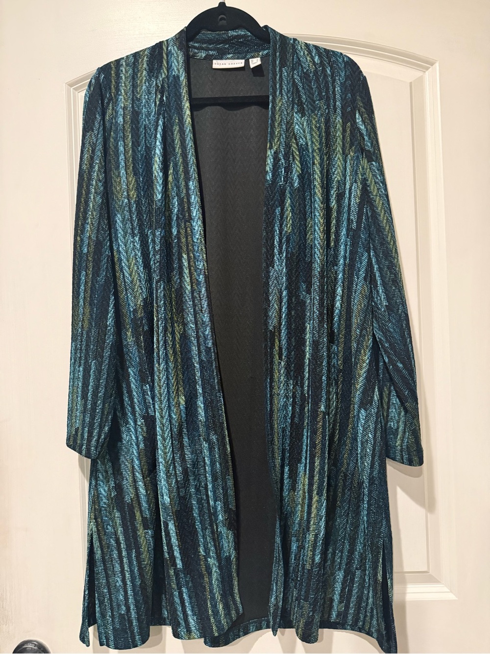 Susan Graver Open-Front Blue Metallic Pattern Women's Sweater Cardigan